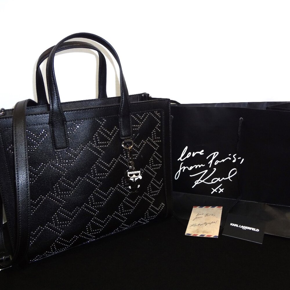 NWT-Karl Lagerfeld Black Handbag with Silver MK Studs on Front of Bag